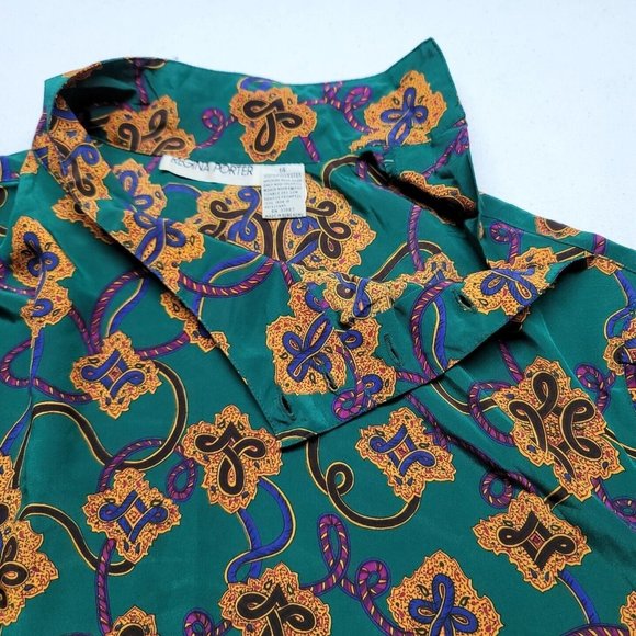 VTG Regina Porter Secretary Blouse Womens Size 14 Green Gold Knot Rope - Picture 14 of 15